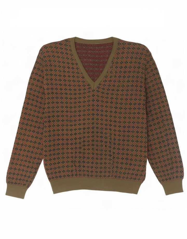 Pulover vintage pentru bărbați cu decolteu în V, lână geometrică mare, kaki
