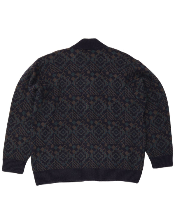 Pulover Cardigan Vintage pentru bărbați XL Lână geometrică bleumarin