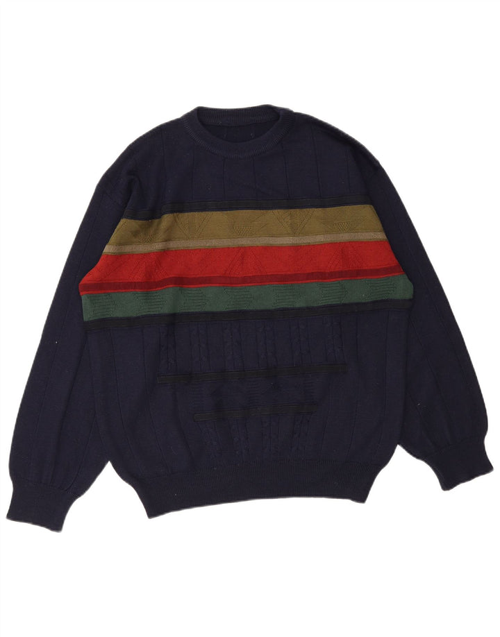 Pulover vintage pentru bărbați cu decolteu rotund, mijlociu, bleumarin, color block