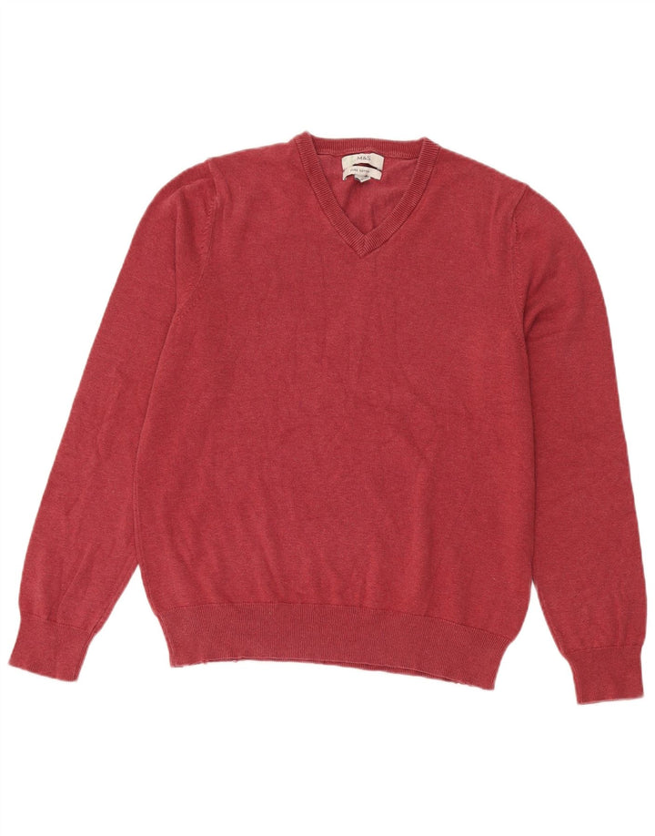 Pulover pentru bărbați Marks & Spencer, cu decolteu în V, bumbac mediu burgundy