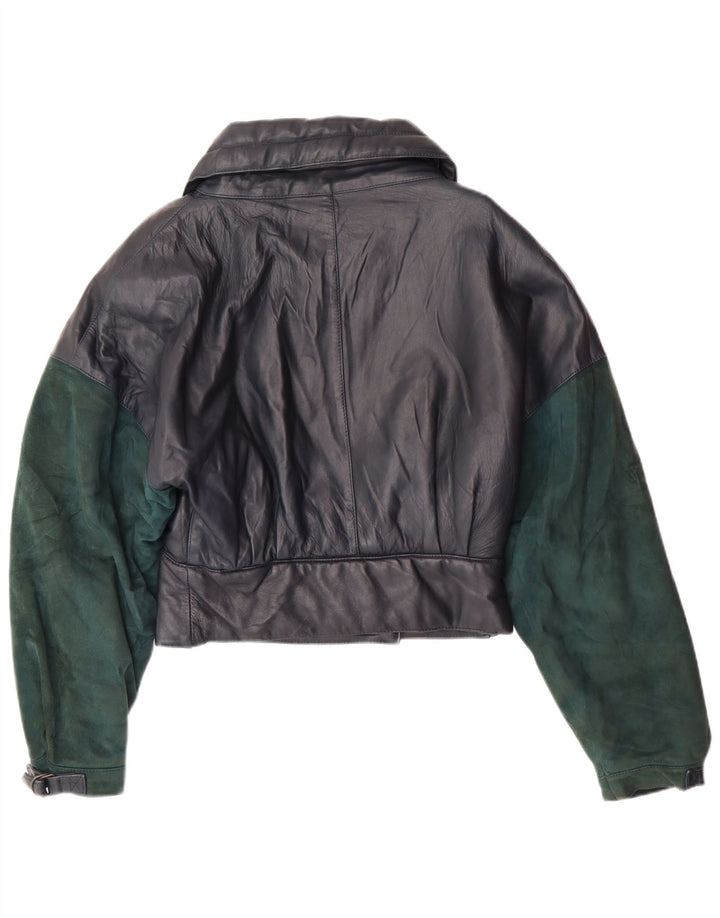 Jachetă de piele crop VINTAGE pentru femei UK 6 XS bleumarin