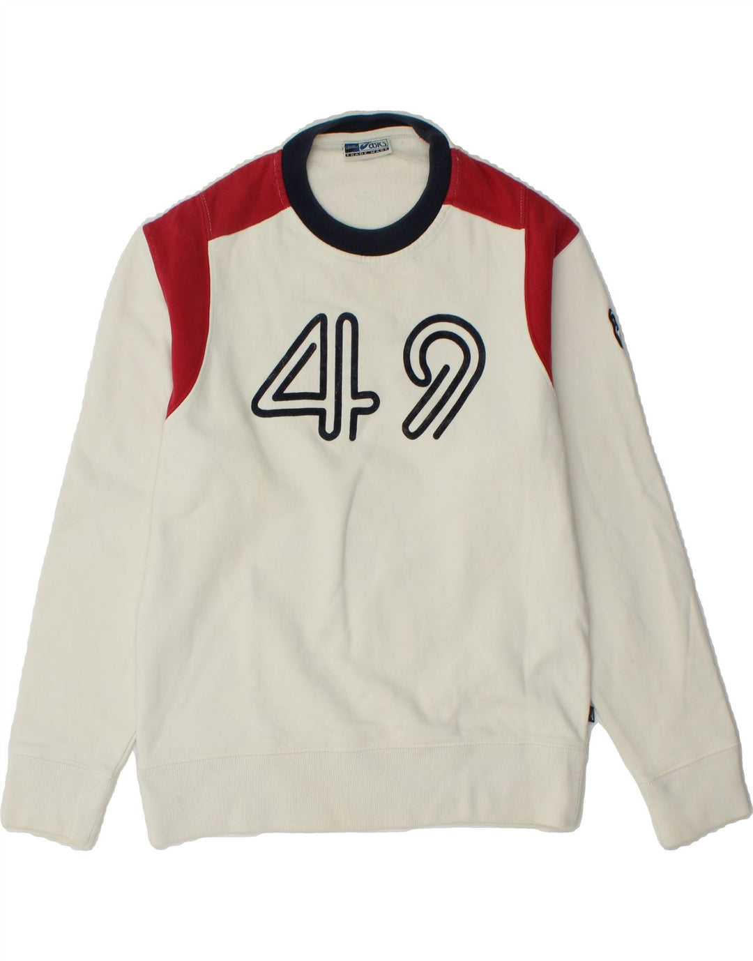 ASICS Boys Graphic Sweatshirt Jumper 13-14 Years Off White Colourblock Vintage Asics and Second-Hand Asics from Messina Hembry 