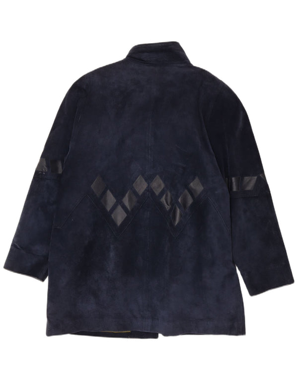 Pardesiu supradimensionat din piele intoarsa pentru femei Vintage UK 14 Medium Bleumarin Geometric