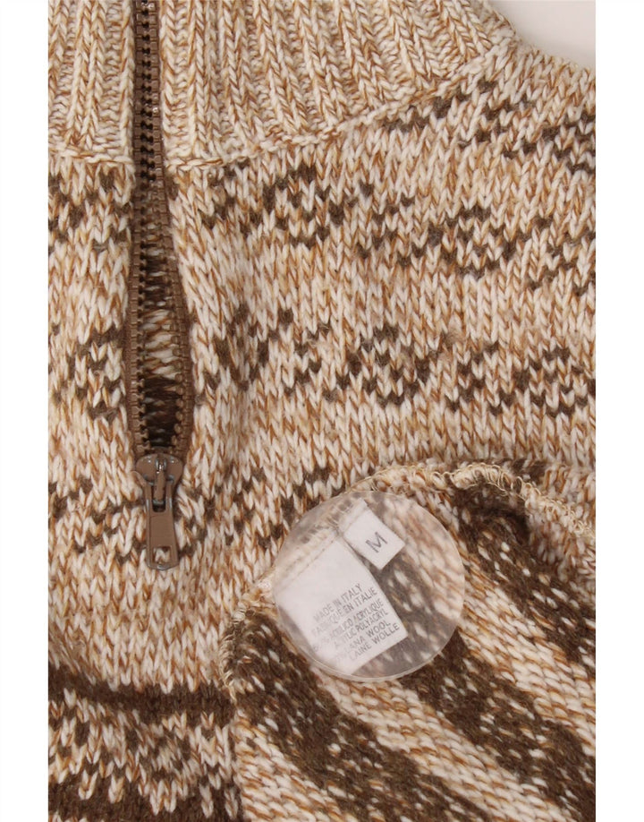 Pulover vintage pentru bărbați cu fermoar și gât, maro mediu, acrilic Fair Isle