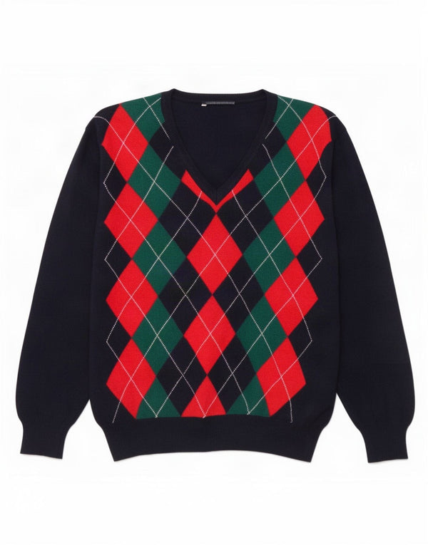 Pulover vintage pentru bărbați cu decolteu în V, mare, albastru bleumarin, lână Argyle/Diamond