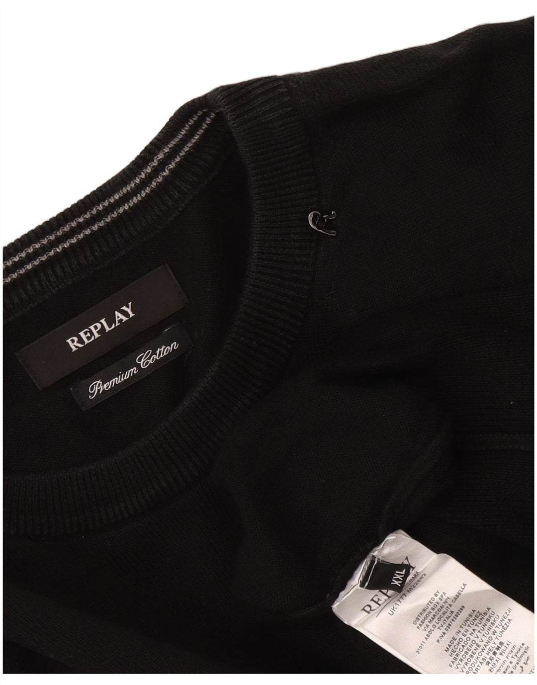 Pulover Replay pentru bărbați cu gât roșu, bumbac negru 2XL