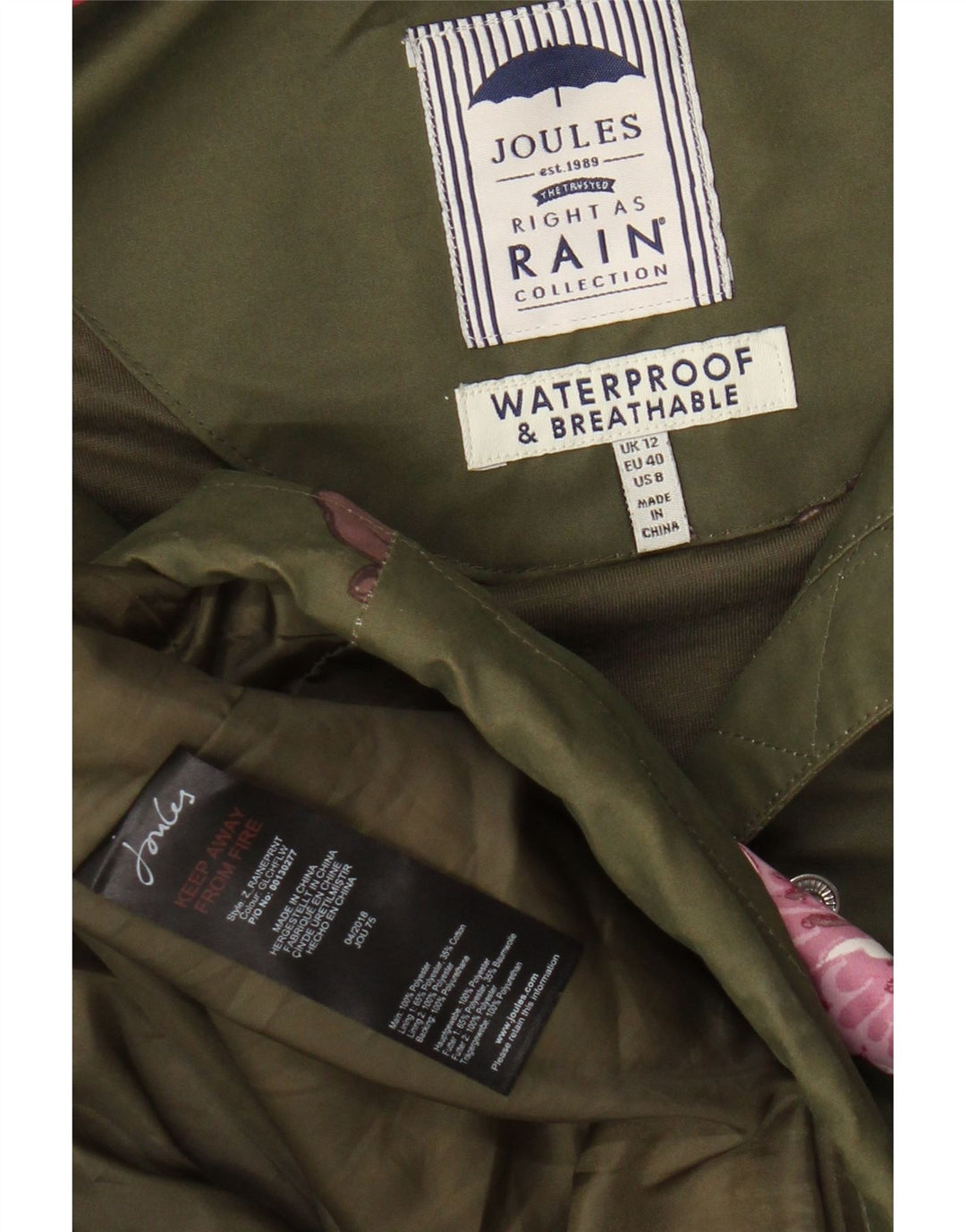 JOULES Jachetă de ploaie cu glugă pentru femei UK 12 Medium Kaki Floral Poliester