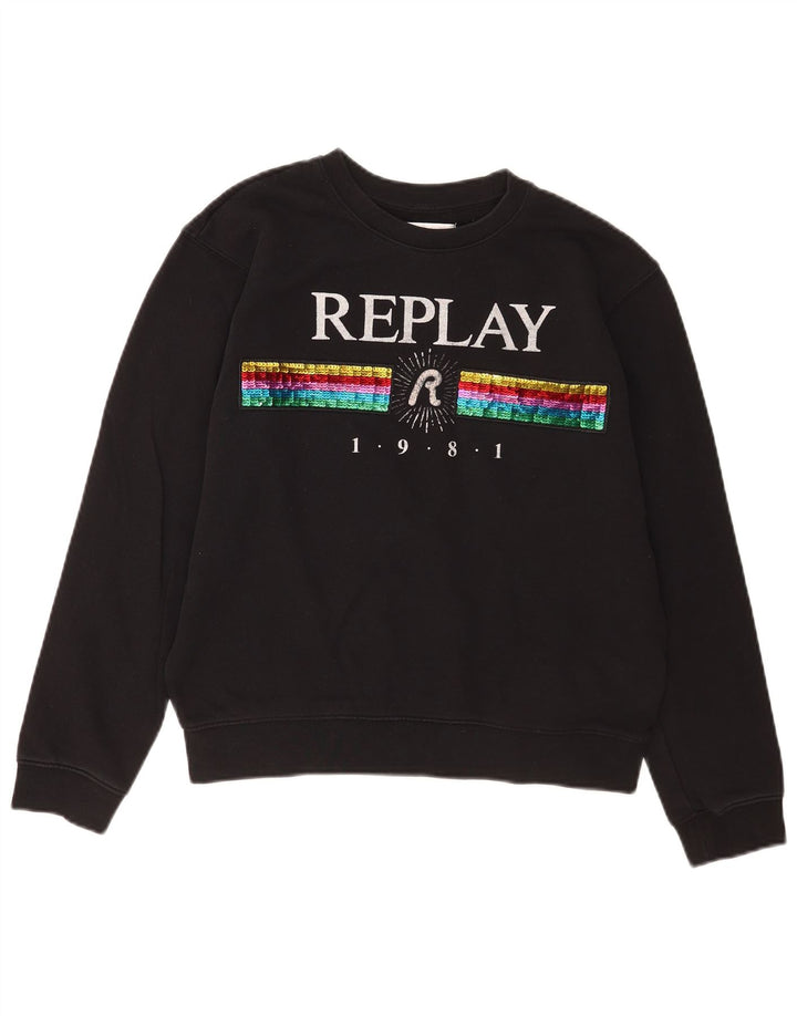 Replay Pulover supradimensionat cu grafic pentru femei UK 10 Bumbac negru mic
