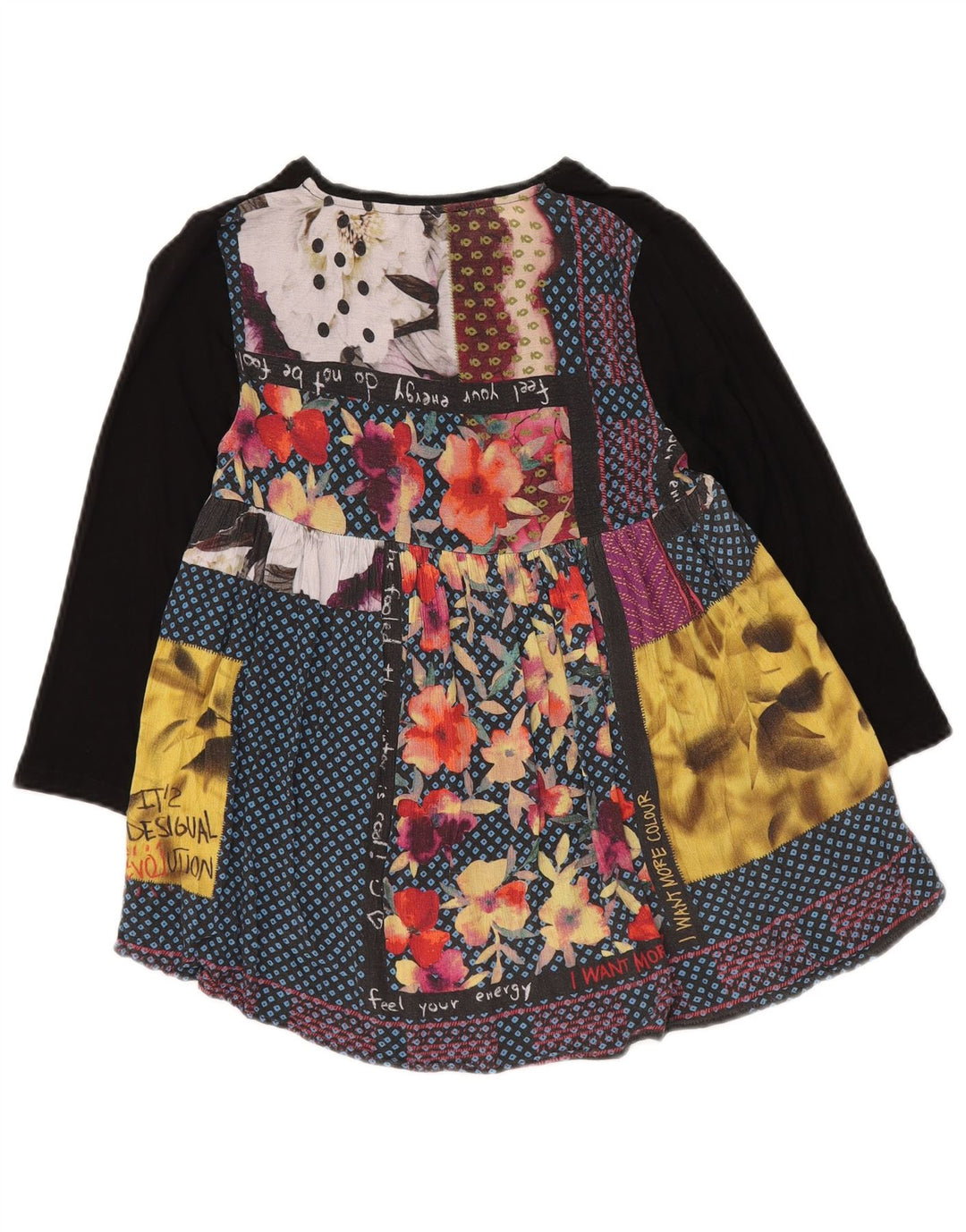 DESIGUAL Top grafic pentru femei cu mânecă lungă UK 12 Medium Black Patchwork