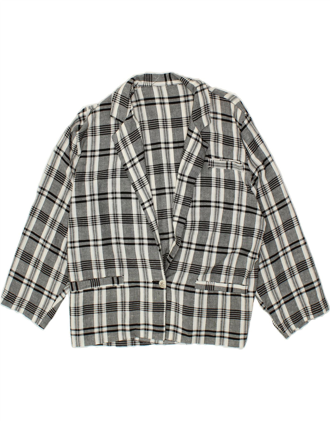 VINTAGE Womens 3/4 Sleeve 1 Button Blazer Jacket UK 14 Large Grey Check Vintage Vintage and Second-Hand Vintage from Messina Hembry 