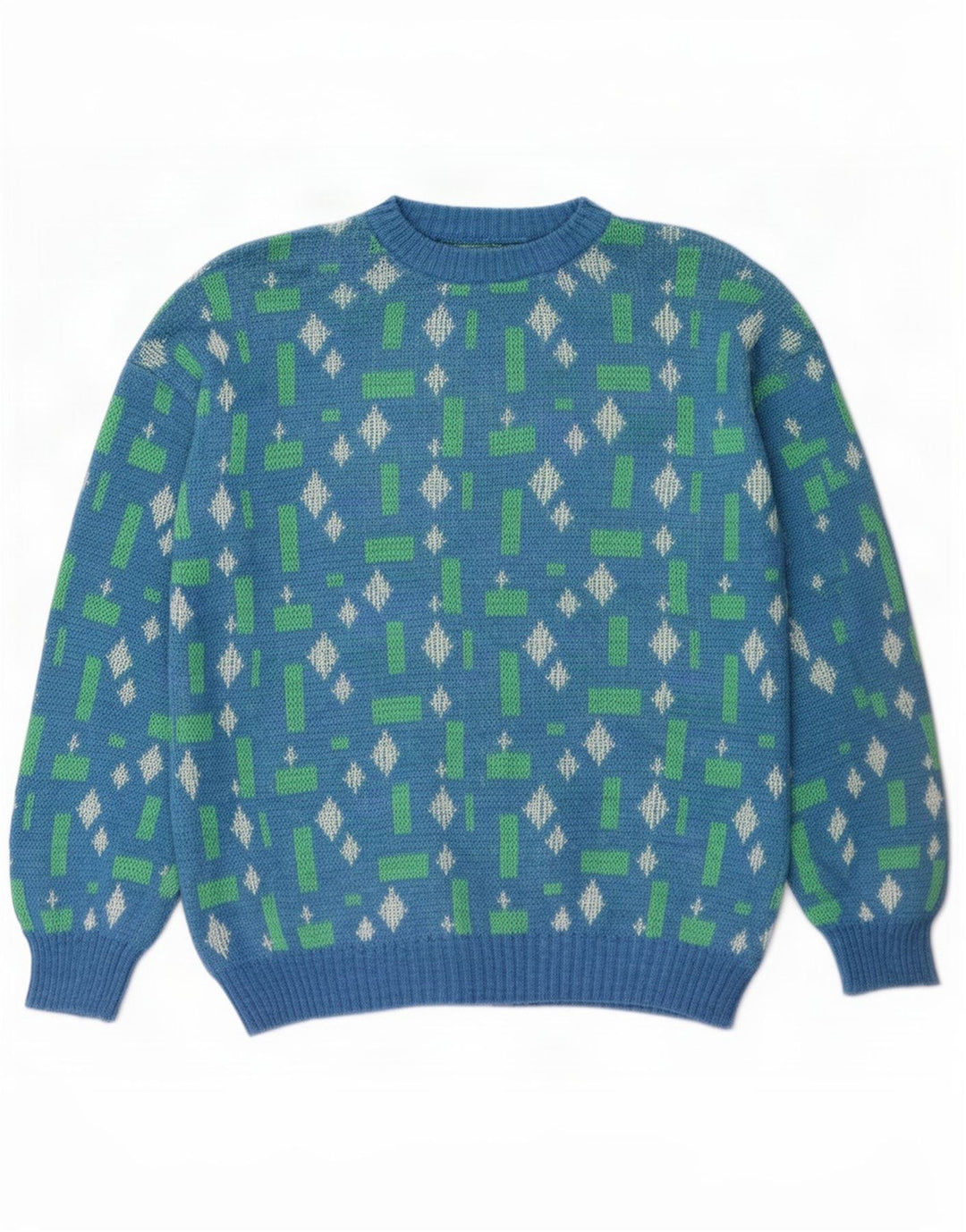 Pulover vintage pentru bărbați cu gâtul turnat, mare, albastru, geometric