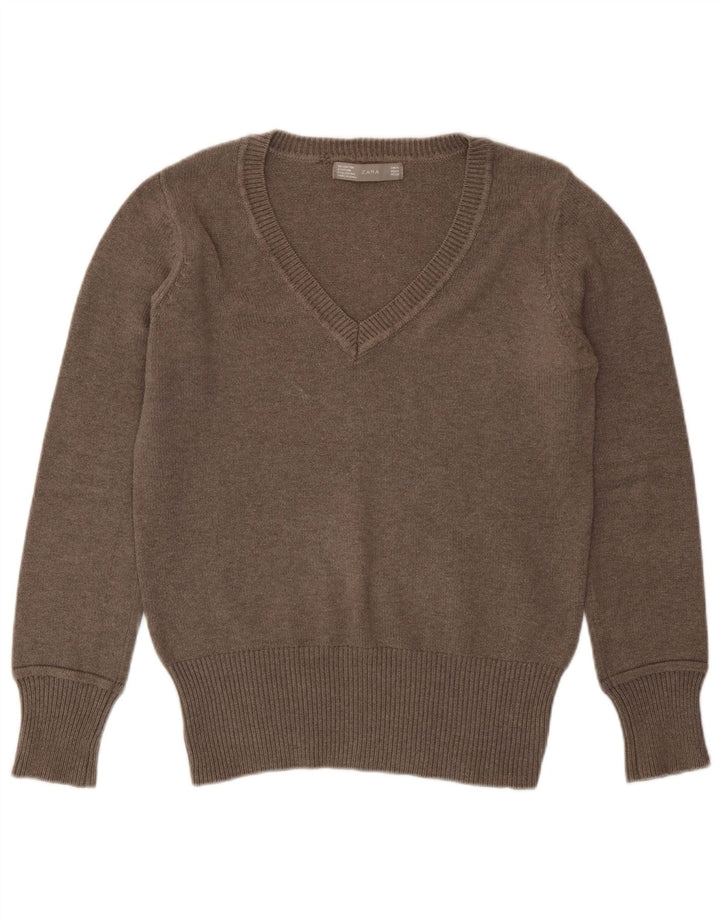 Pulover pentru femei cu decolteu în V Zara UK 14 Maro Mediu