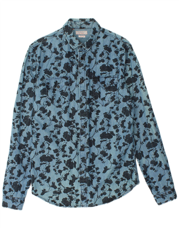 ZARA Mens Slim Fit Denim Shirt Medium Blue Floral