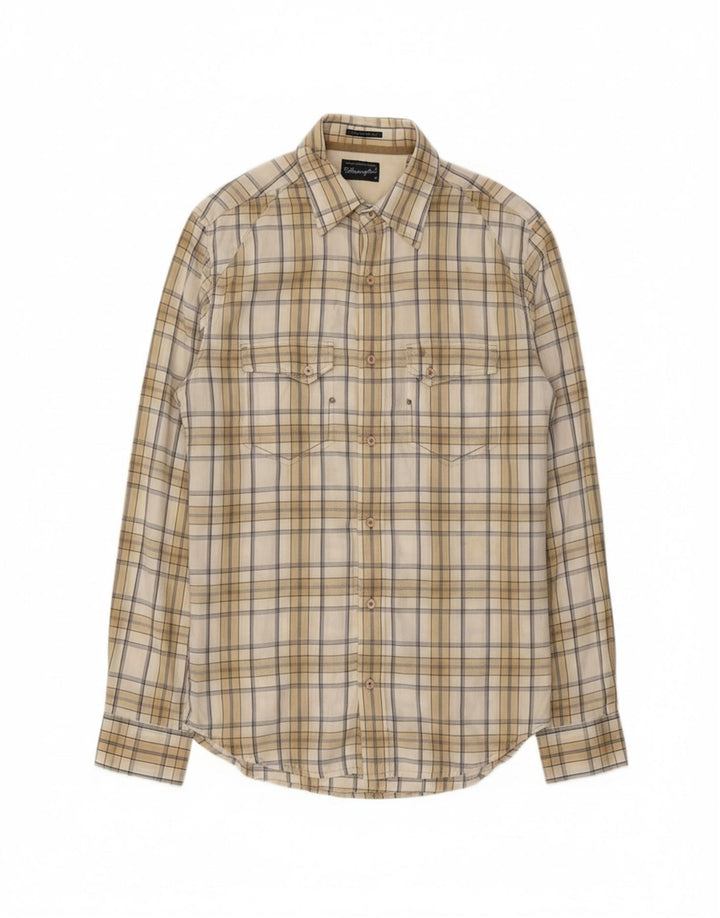WRANGLER Mens Classic Slim Fit Shirt Medium Beige Check Cotton