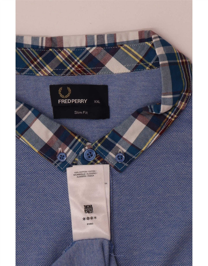 Cămașă polo pentru bărbați Fred Perry slim fit 2XL, bumbac cu carouri albastre