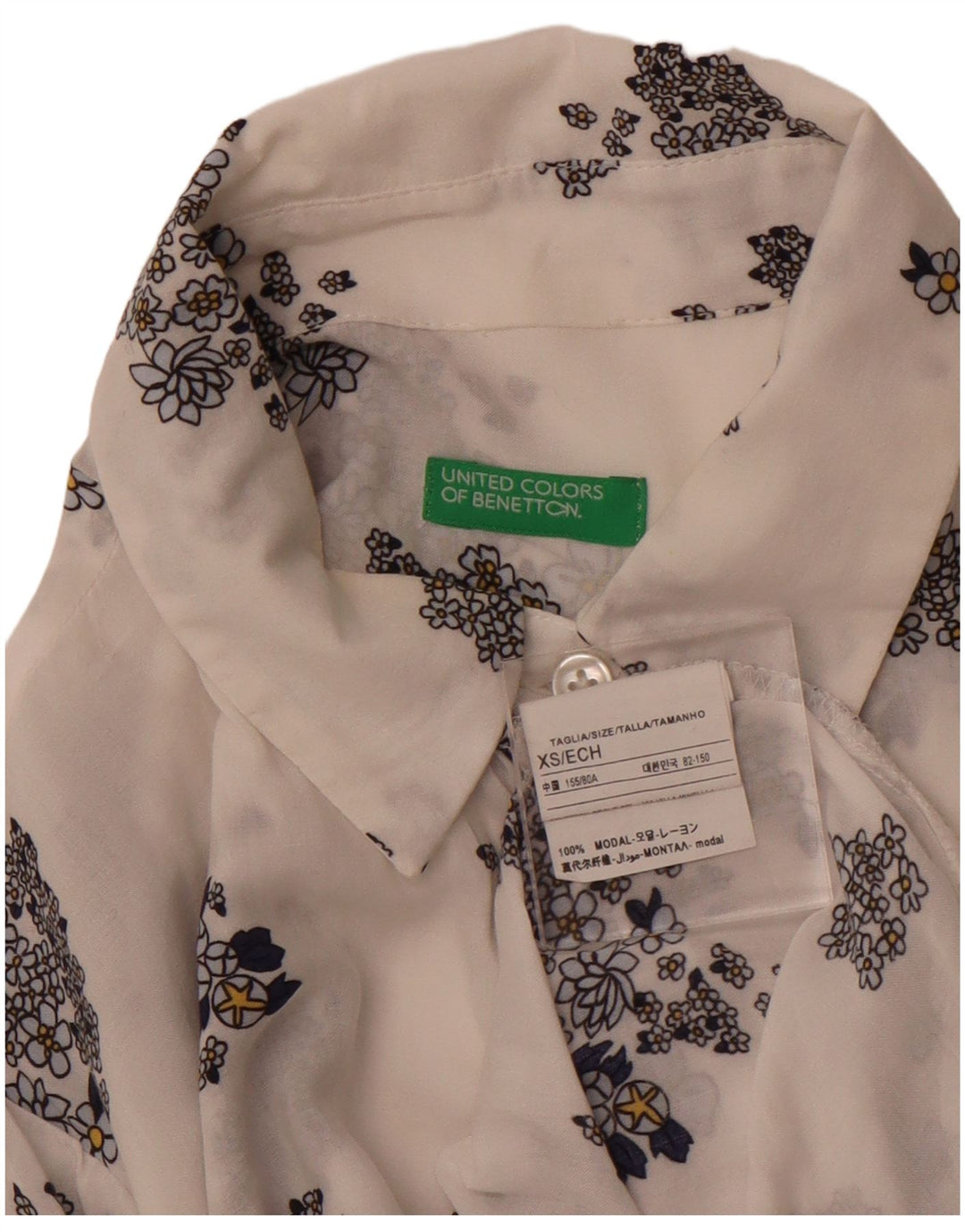 BENETTON Cămașă Transparentă pentru Damă UK 6 XS Alb Floral Modal