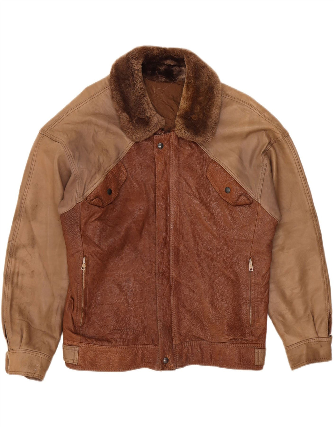 Jachetă de piele vintage pentru bărbați IT 50 din piele maro mare color bloc