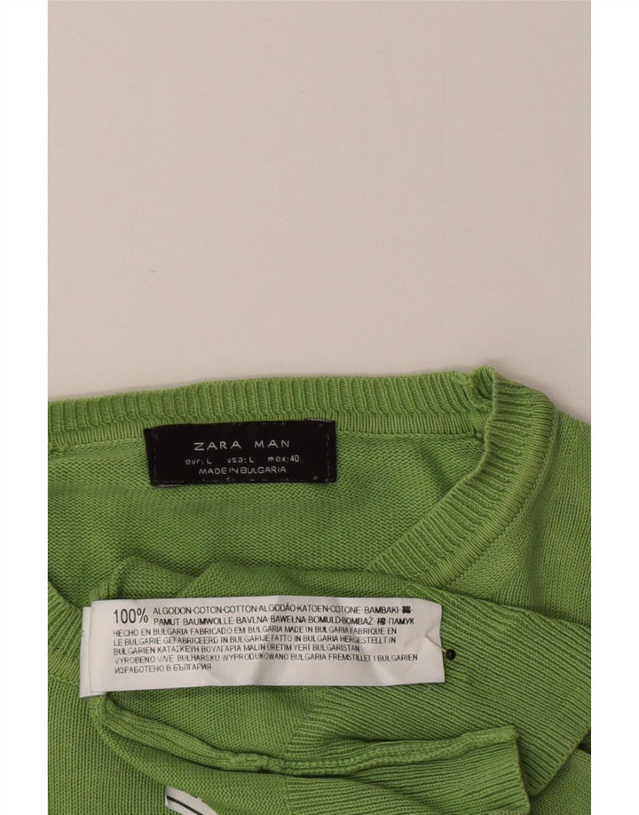 Pulover pentru bărbați Zara, cu decolteu, mare, verde, din bumbac
