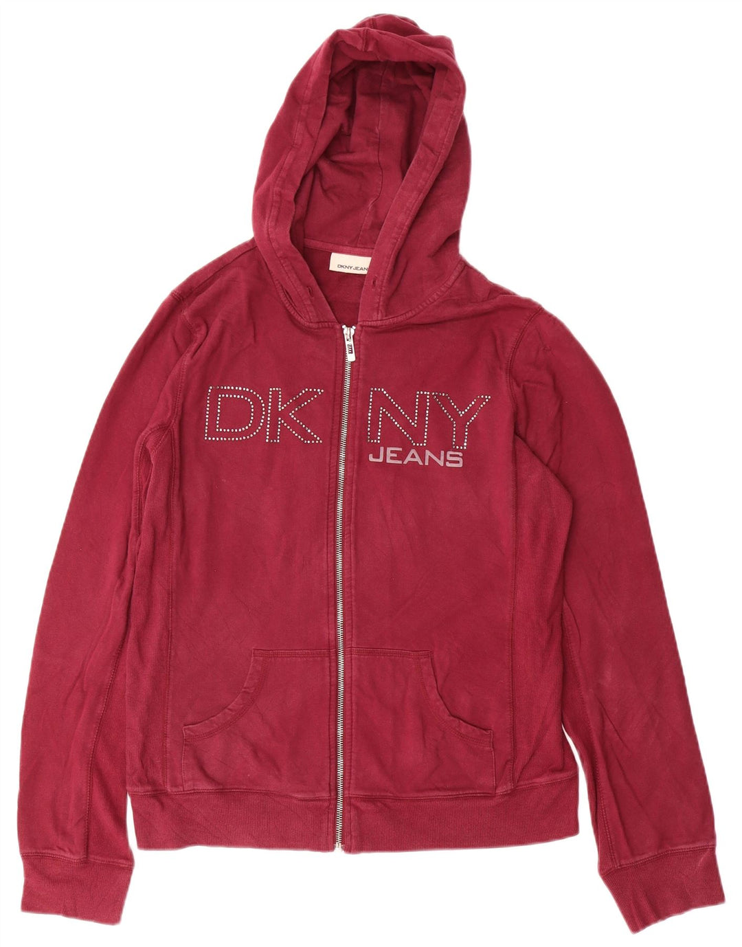 DKNY Pulover cu capota cu fermoar cu grafic pentru femei UK 14 mare bumbac burgundy