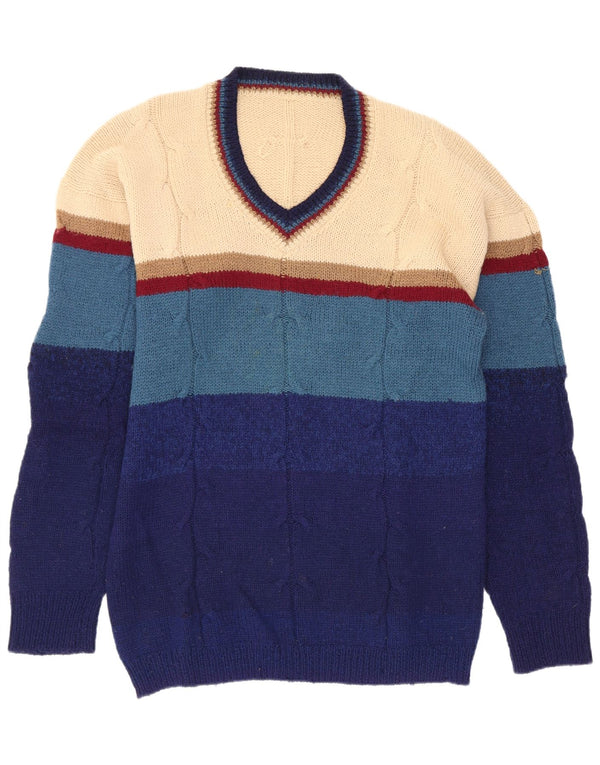 Pulover vintage pentru bărbați cu decolteu în V, cu dungi mici, multicolore