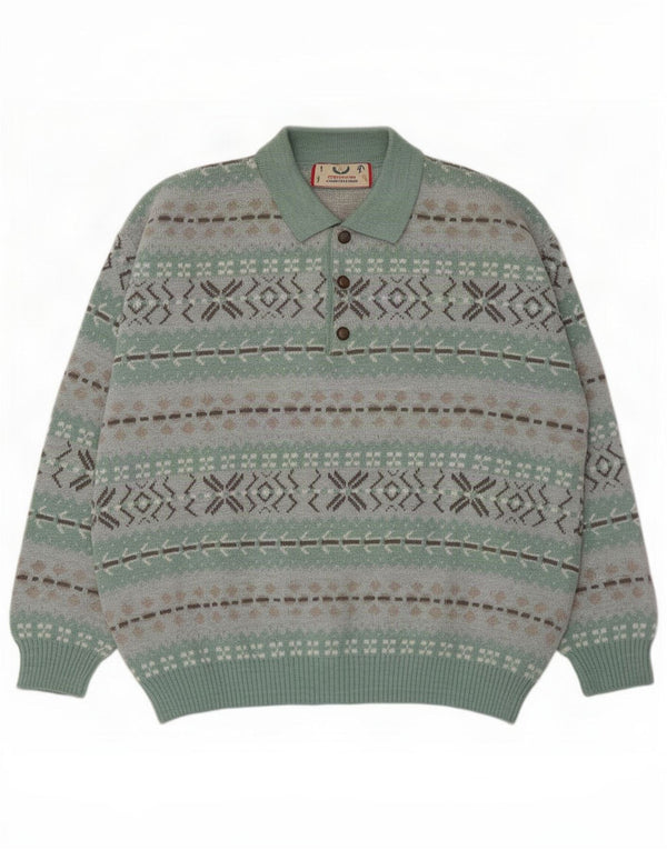 Vintage Mens Polo Neck Jumper Sweater XL Green Fair Isle