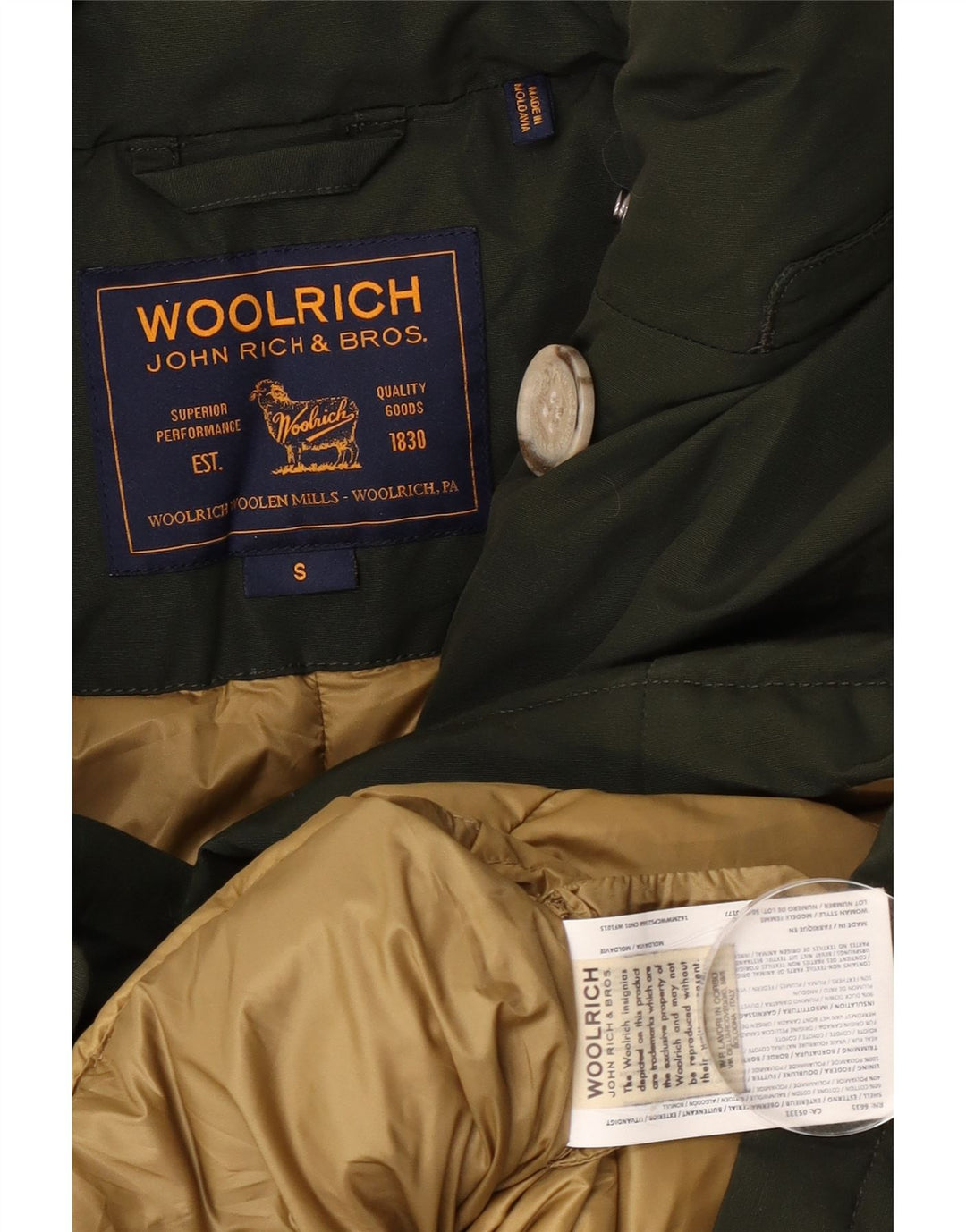 Jachetă căptușită supradimensionată pentru femei Woolrich UK 10 mic bumbac kaki