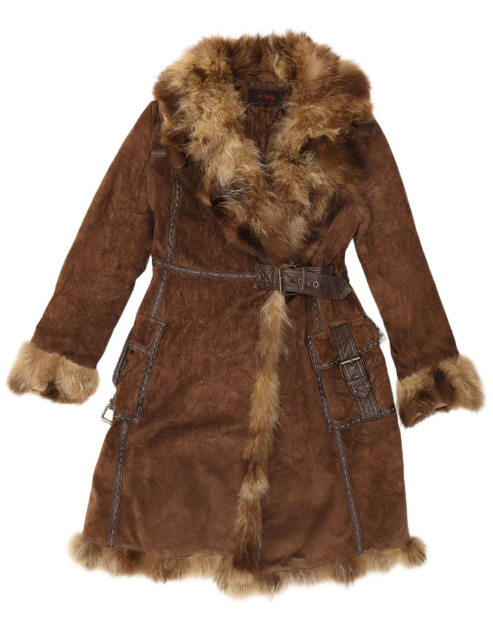 Rene Derhy Pardesiu din piele intoarsa pentru femei UK 14, maro mediu, piele