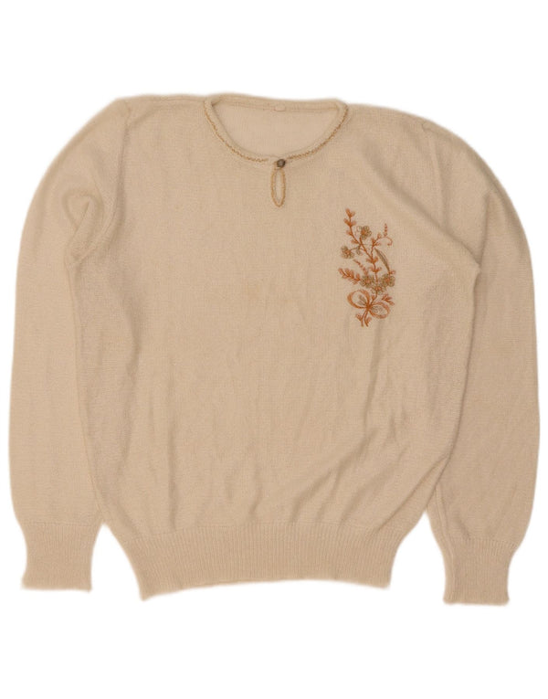 Pulover vintage pentru femei cu decolteu rotund IT 50 XL, alb, cu flori