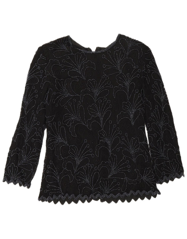Bluză obișnuită cu mânecă lungă pentru femei Vintage UK 8 Mic, negru, mătase florală