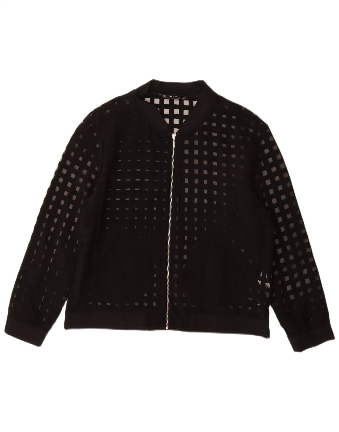 Jachetă Bomber See Through pentru femei Zara UK 16, mare, neagră, geometrică, viscoză