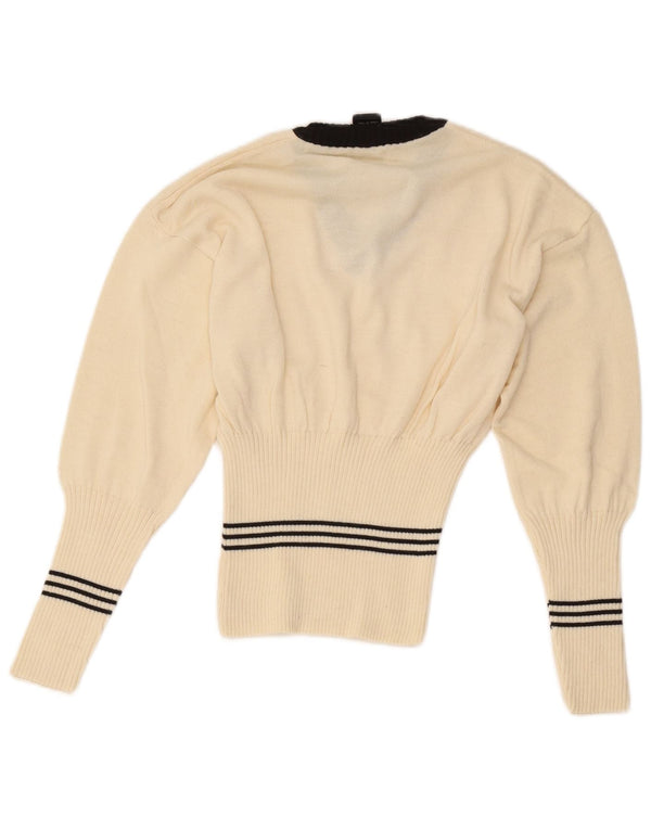 Pulover vintage pentru femei cu decolteu în V UK 8 mic din lână cu dungi alb