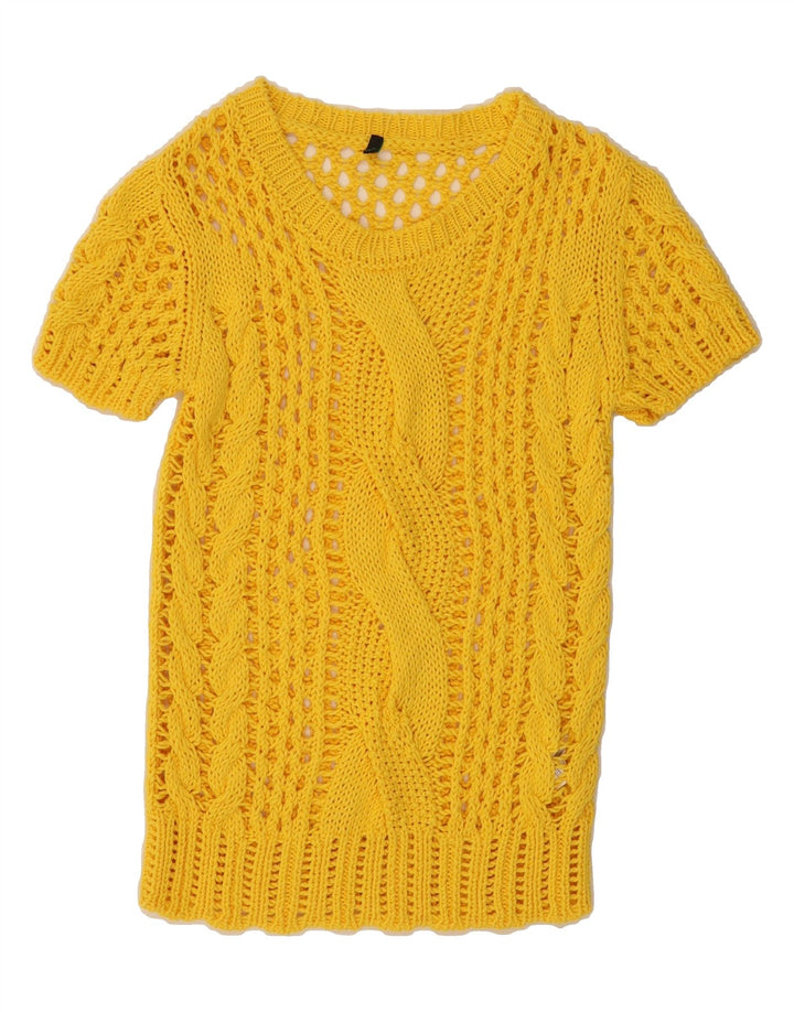 BENETTON Womens See Through Crew Neck Jumper Sweater UK 12 Medium Yellow Vintage Benetton and Second-Hand Benetton from Messina Hembry 