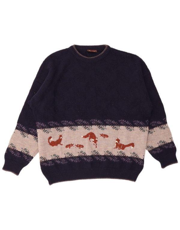 Pulover vintage pentru bărbați, cu grafică, cu decolteu, XL, mov, lână color bloc