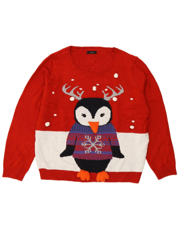 Pulover pentru femei M&Co cu decolteu rotund UK 16, mare, roșu, color block de Crăciun