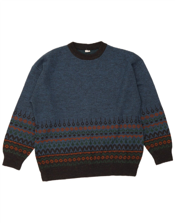 Pulover vintage pentru bărbați cu gâtul turnat, albastru mediu Fair Isle