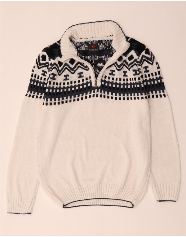 Pulover vintage pentru bărbați, cu fermoar, cu gât, mare, alb, geometric, poliacrilic