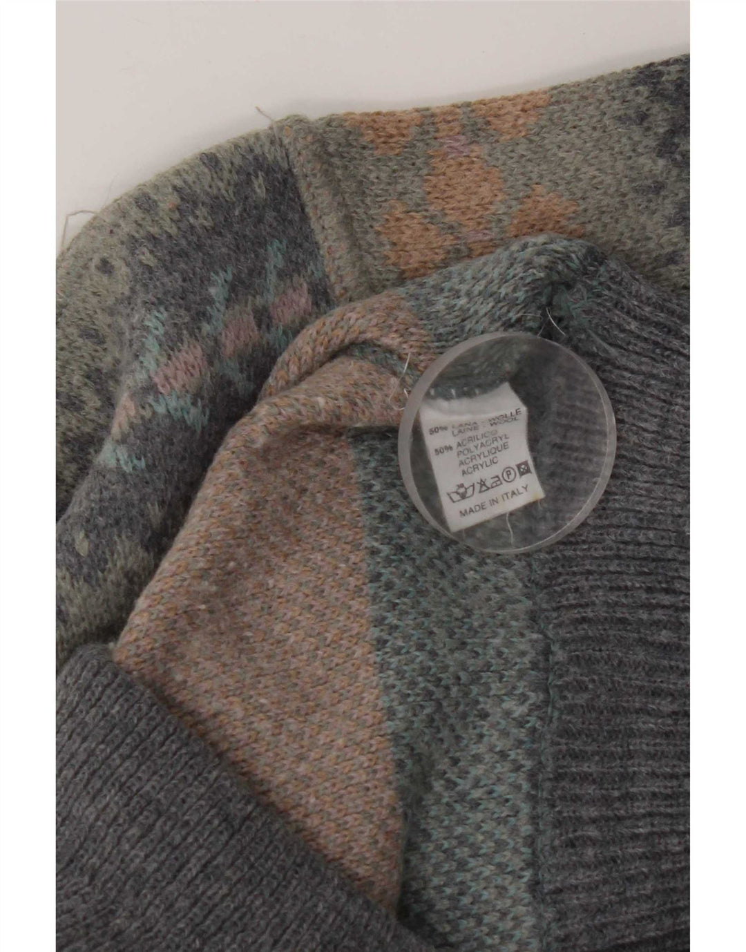 Pulover Vintage pentru bărbați cu gâtul turnat, mare, gri din lână Fair Isle
