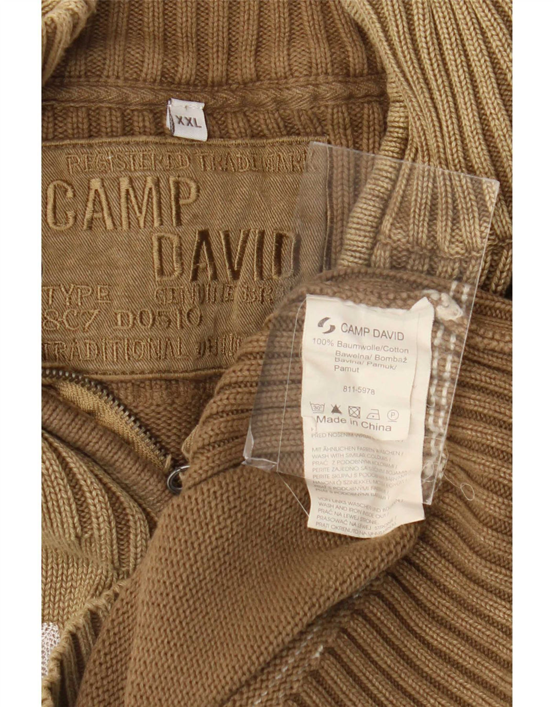 Pulover Camp David pentru bărbați, cu grafic, cu fermoar și gât, bumbac maro 2XL