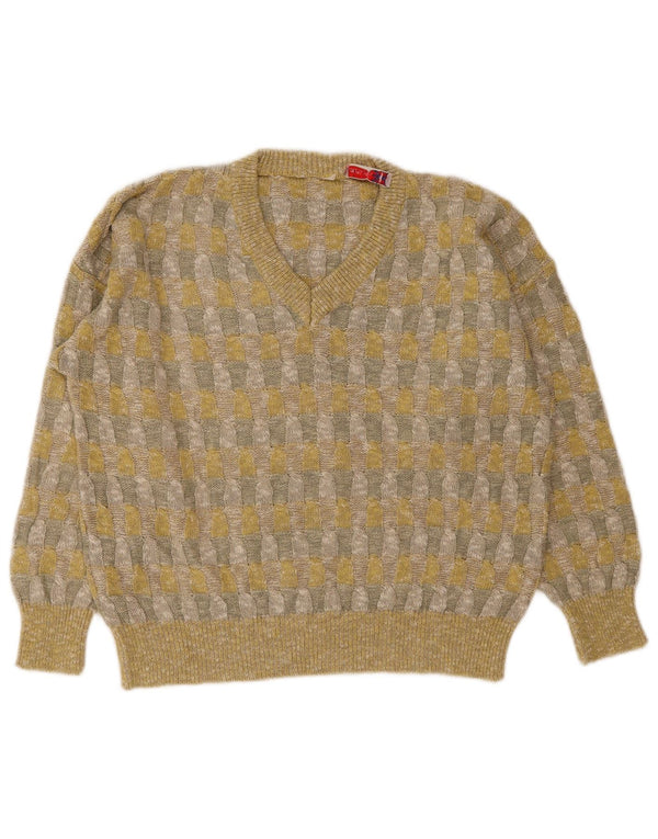 Pulover vintage cu decolteu în V pentru damă UK 18 XL, lenjerie geometrică galbenă