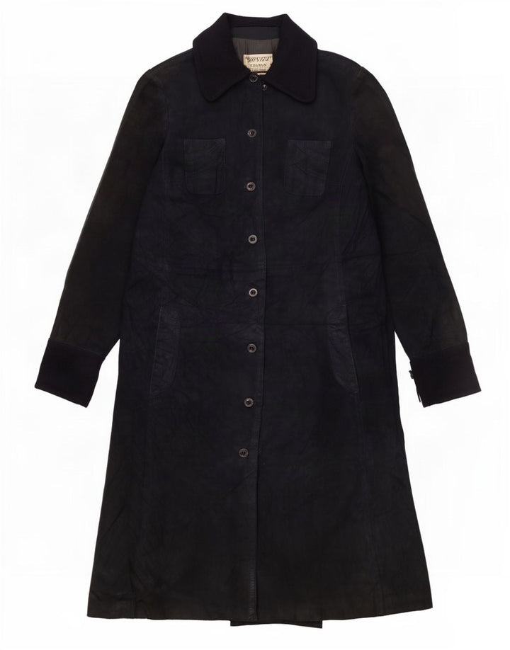 Pardesiu vintage pentru femei de piele intoarsa UK 10 Mic bleumarin