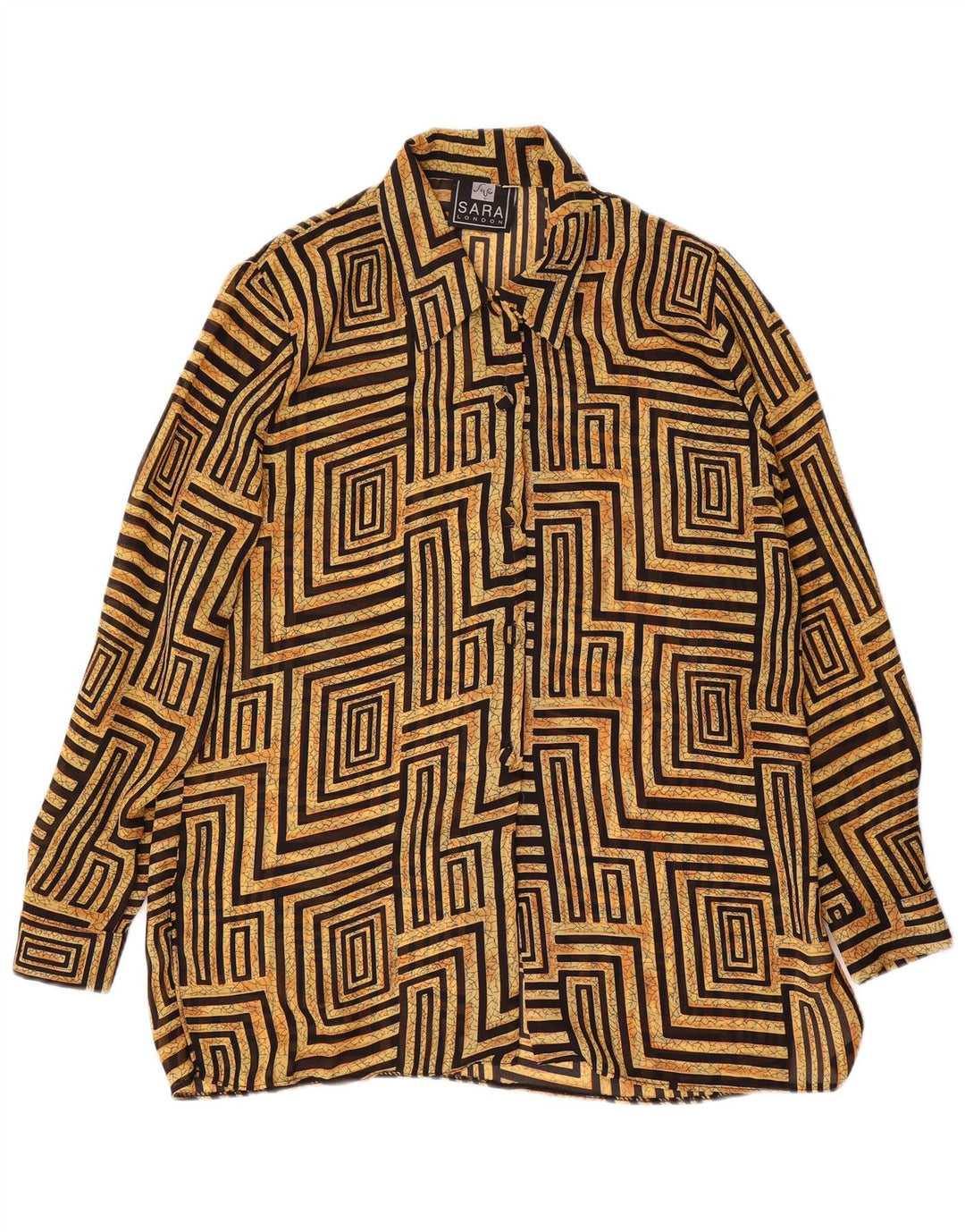 Bluză de cămașă vintage pentru femei UK 14 mare, bej, geometric, poliester