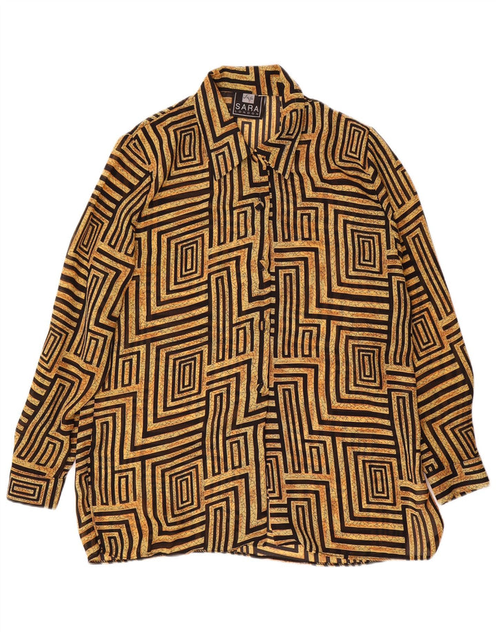 Bluză de cămașă vintage pentru femei UK 14 mare, bej, geometric, poliester