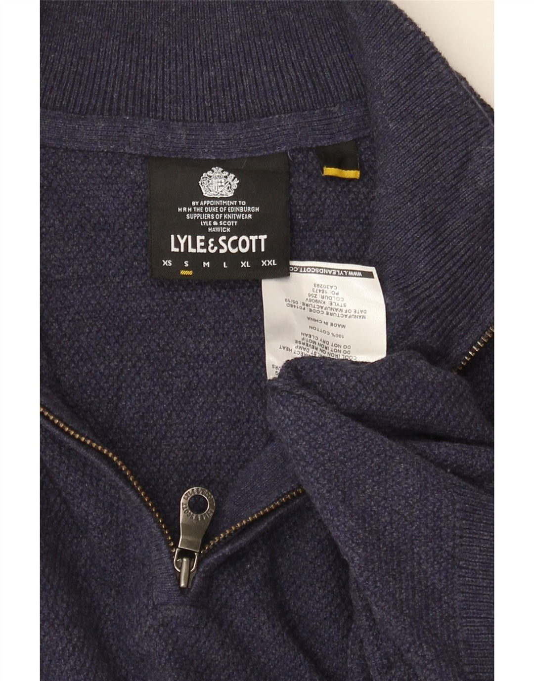 LYLE & SCOTT Mens Zip Neck Jumper Sweater Small Navy Blue Cotton Vintage Lyle & Scott and Second-Hand Lyle & Scott from Messina Hembry 