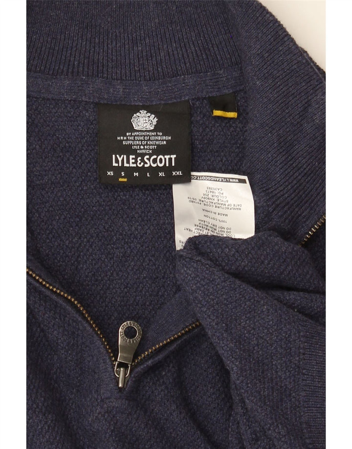 LYLE & SCOTT Mens Zip Neck Jumper Sweater Small Navy Blue Cotton Vintage Lyle & Scott and Second-Hand Lyle & Scott from Messina Hembry 