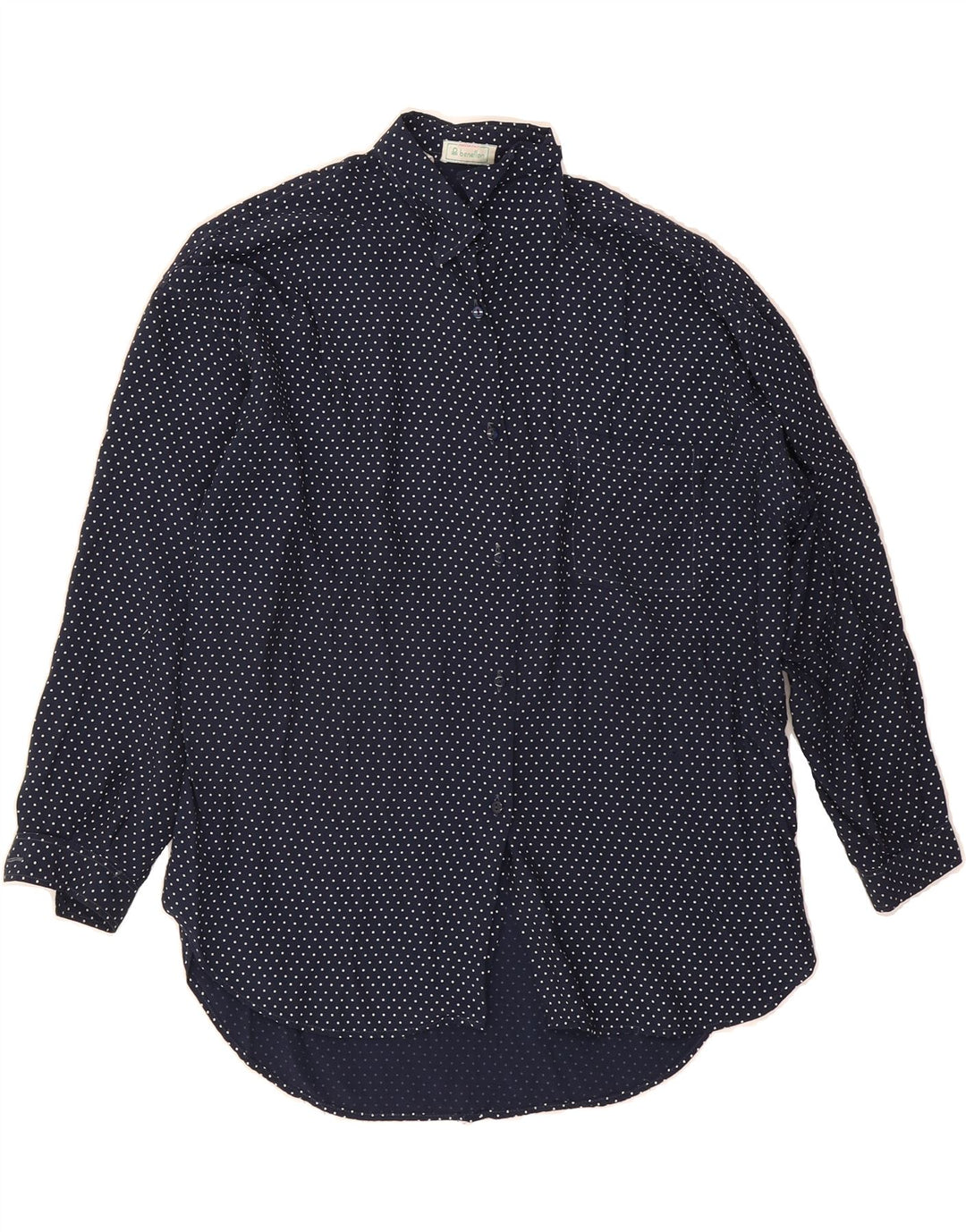 BENETTON Womens Oversized Shirt UK 10 Small Navy Blue Spotted Viscose Vintage Benetton and Second-Hand Benetton from Messina Hembry 