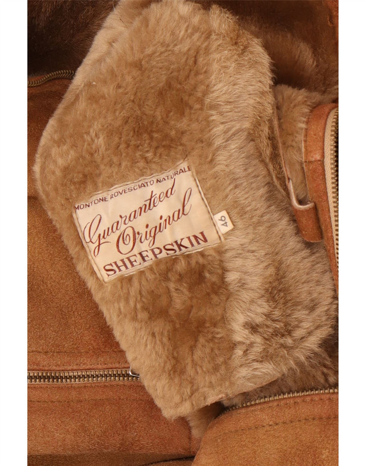 Jachetă din shearling cu glugă vintage pentru femei IT 46, maro mare, piele de oaie
