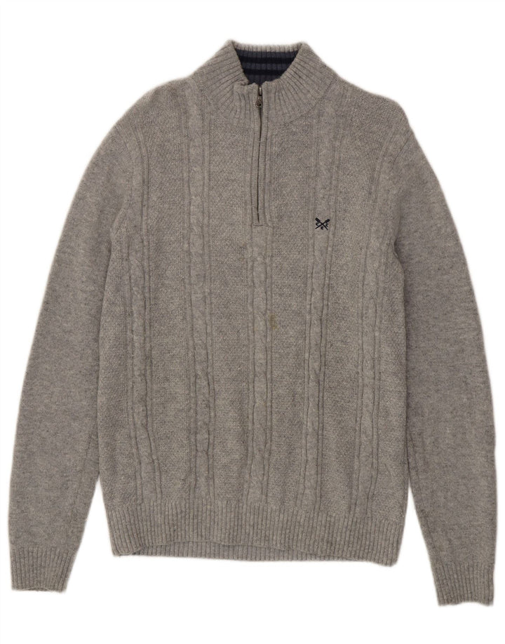 Crew Clothing Pulover pentru bărbați, cu fermoar, cu gât, lână de miel mare, gri