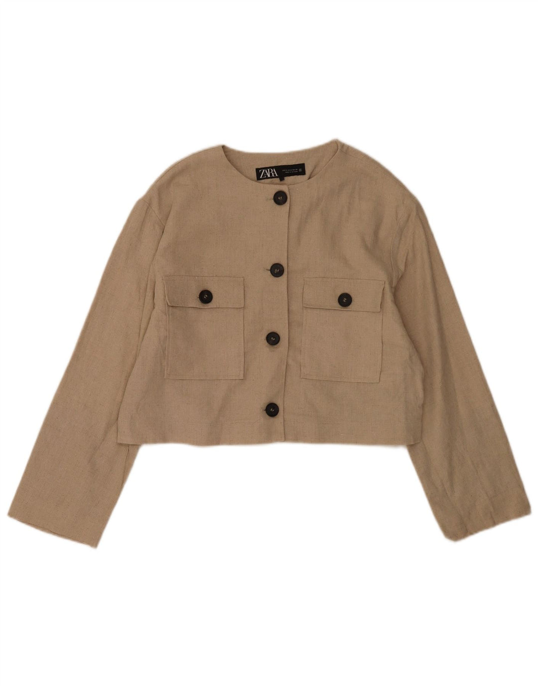 Jachetă Blazer pentru femei Crop cu 4 nasturi Zara UK 14 Poliester mediu bej