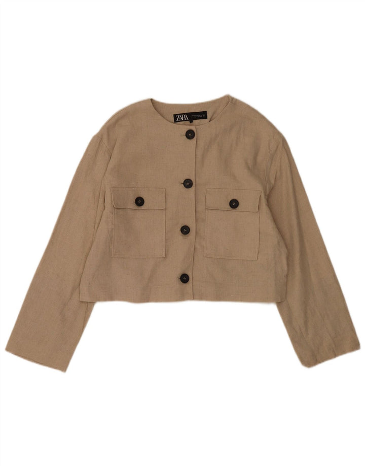 Jachetă Blazer pentru femei Crop cu 4 nasturi Zara UK 14 Poliester mediu bej