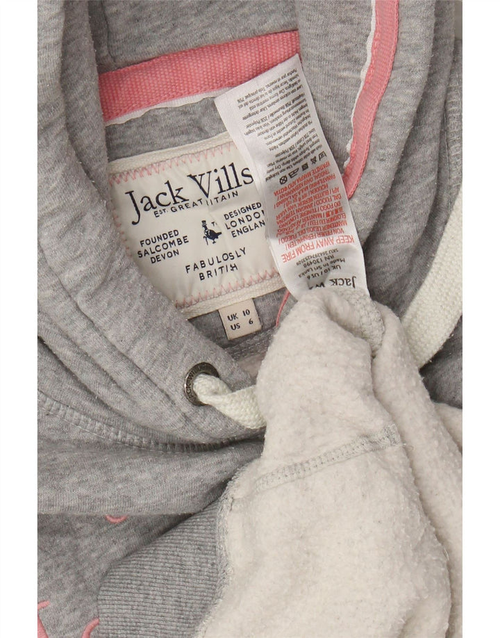 JACK WILLS Pulover supradimensionat cu glugă cu grafic pentru femei UK 10 Bumbac gri mic